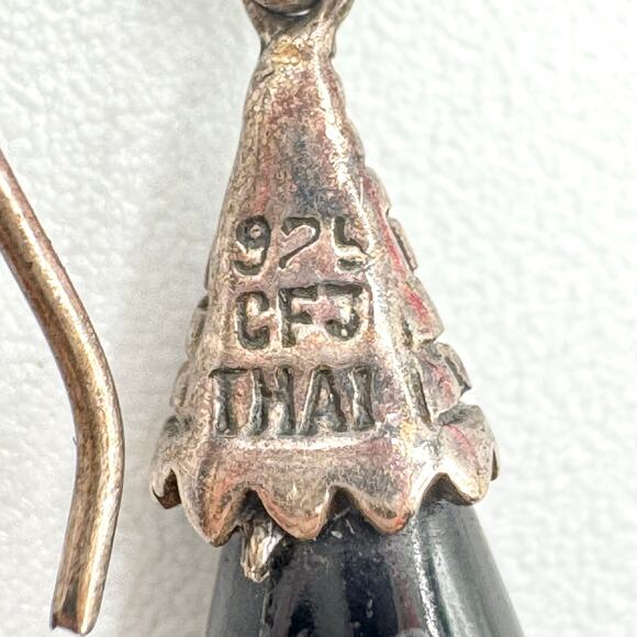Vintage 925 CFJ THAI Sterling Silver Bali Style Black Dangle Earrings Ethnic - Picture 7 of 13